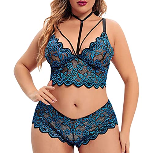 Plus Size 2 Stück Dessous für Frauen Träger-BH und Panty Unterwäsche Sets Spitze Strumpfband Gürtel Höschen & Durchsichtige Strümpfe Dessous Set (03A-Blau, L) von Generic