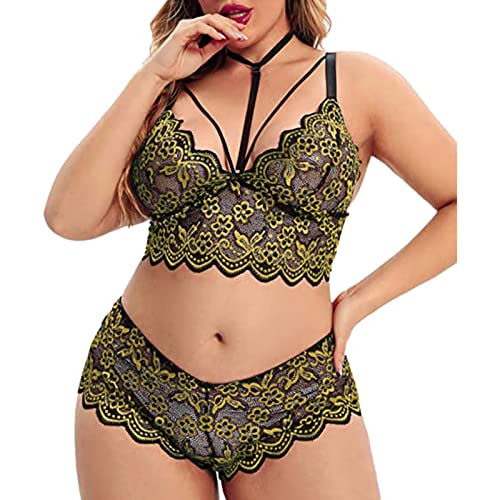 Plus Size 2 Stück Dessous für Frauen Träger-BH und Panty Unterwäsche Sets Spitze Strumpfband Gürtel Höschen & Durchsichtige Strümpfe Dessous Set (03A-Gelb, XL) von Generic