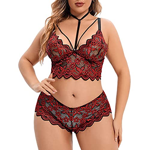 Plus Size 2 Stück Dessous für Frauen Träger-BH und Panty Unterwäsche Sets Spitze Strumpfband Gürtel Höschen & Durchsichtige Strümpfe Dessous Set (03A-Wine, XXL) von Generic