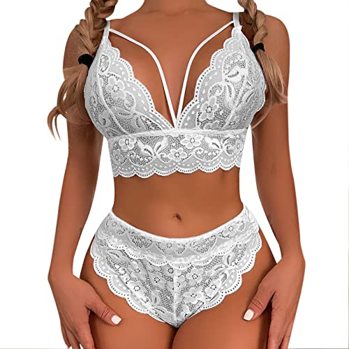 Plus Size 2 Stück Dessous für Frauen Träger-BH und Panty Unterwäsche Sets Spitze Strumpfband Gürtel Höschen & Durchsichtige Strümpfe Dessous Set (03B-Weiß, XXL) von Generic