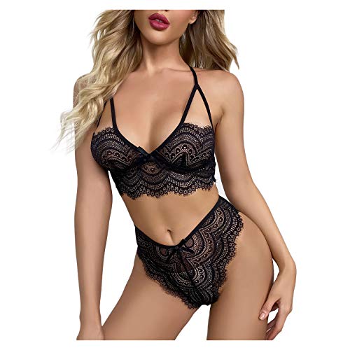 Plus Size 2 Stück Dessous für Frauen Träger-BH und Panty Unterwäsche Sets Spitze Strumpfband Gürtel Höschen & Durchsichtige Strümpfe Dessous Set (03E-Black, S) von Generic