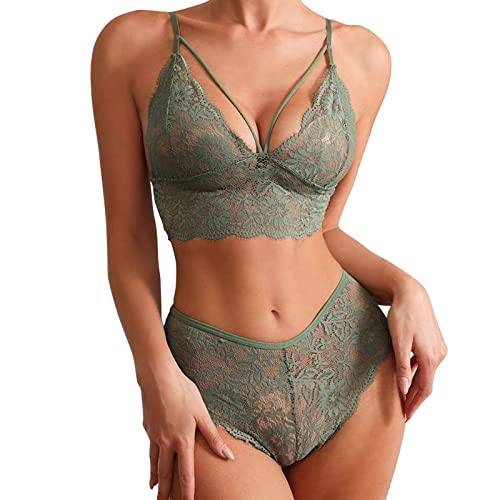 Plus Size 2 Stück Dessous für Frauen Träger-BH und Panty Unterwäsche Sets Spitze Strumpfband Gürtel Höschen & Durchsichtige Strümpfe Dessous Set (03F-Green, L) von Generic