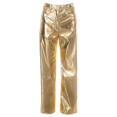 Po Betonte Leggings PU-Lederhose Metallic-Knopf Reißverschluss Hohe Taille Hose mit Tasche Streetwear Leggings Mit Muster Damen (Gold, M) von Generic