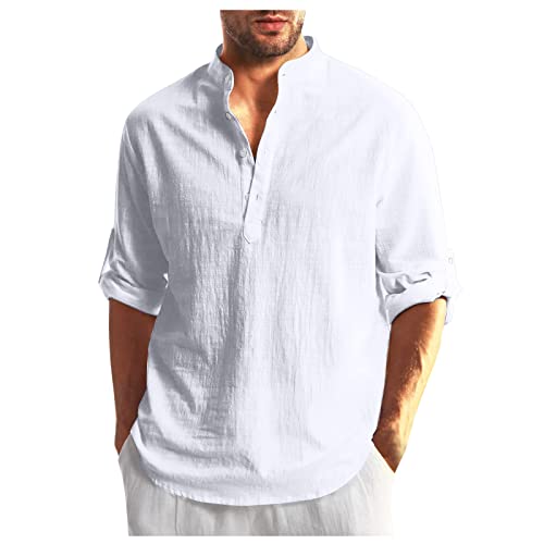 Polo Shirts Männer Hawaii Hemd Männer Baumwolle Polo Shirt Langarm Baumwolle Leinen T Shirt Lose Sommer Hemd Leinenhemd Lang Formelles Arbeitshemd Henley Sommerhemd Freizeithemd Herren Hemden Weiß XL von Generic