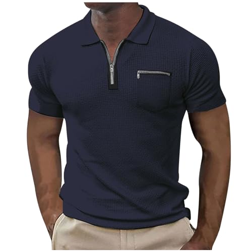 Poloshirt Herren Kurzarm Polohemd Männer Sommer Polo Shirt Fashionfreizeit Kurzarmshirt mit Brusttasche Golf T-Shirt mit Reißverschluss Sommershirt Bequeme Arbeitstshirts Angebote Marine XL von Generic
