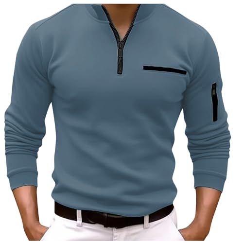 Poloshirts für Herren Zipper Revers Langarm Tasche Polohemd Einfarbig Regular Fit Polo Shirt mit Brusttasche Golf Tennis Lässige Hemd Winter Reißverschluss Businesshemd Arbeits Tops Outdoor von Generic