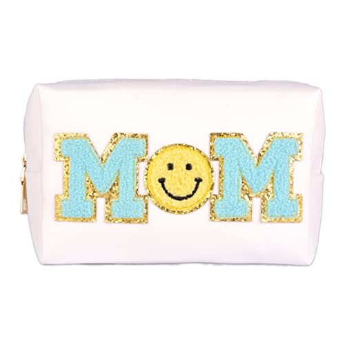 Preppy Patch Make-up-Tasche für Mutter, Mama, PU-Leder, wasserdicht, Kulturbeutel, Muttertagsgeschenk für Frauen und Mädchen, Weiß-Groß, L von Generic