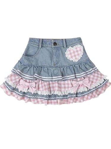 Preppy Style Lolita Kawaii Röcke Süßes Ballkleid Mini Damen Jeansrock Y2K Hohe Taille Doppellagige Rüschen Kuchenröcke-2-M von Generic