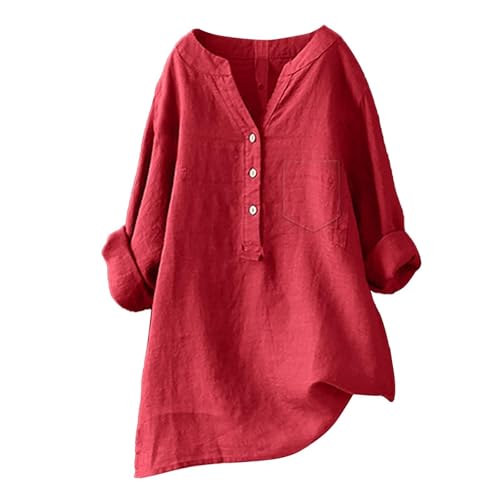 Damen Leinen Langarmshirt Casual Knopf V-Ausschnitt Oberteile Locker Elegante Einfarbiges Basic Tuniken Top,Rot,L von Generic