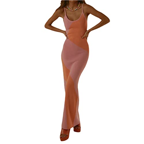 Print Knit Bodycon Kleid für Frauen Y2K Spaghettiträger Ärmellos Slim Fit Maxikleid Sommer Strandkleid, Rosa / Orange, Medium von Generic