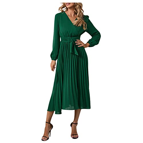 Prinzessin Kleid Damen Umstandsmode Weiß Spitze Elegant Einfarbig Langarm Kleider mit Gürtel V-Ausschnitt Swing A-Linie Hohe Taille Lang Ballkleid Winterkleid(Grün,M) von Generic