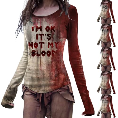 Problem Gelöst Damen Pullover mit Blutigem Bedrucktes Blood Langarm Rundhals Sweatshirt Leichter T Shirt Brief Gedruckt Festlich Straßenkleidung Halloween Kostüm Damen Gruselig von Generic