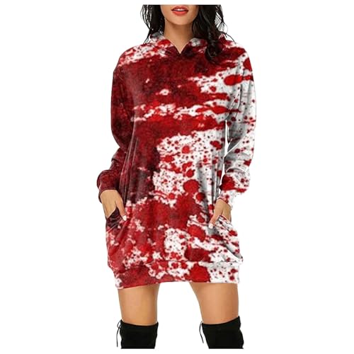 Problem Gelöst Halloween Hoodie Damen Kapuzenpullover mit Blutig Bedruckt Blood Langarm Tshirt Kleid mit Kapuze Kapuzenpulli Blut Verletzung Horror Pullover mit Taschen Blutspritzer Muster Oberteil von Generic