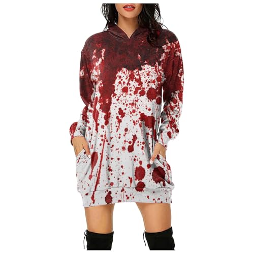 Problem Gelöst Halloween Hoodie Damen Kapuzenpullover mit Blutig Bedruckt Blood Langarm Tshirt Kleid mit Kapuze Kapuzenpulli Blut Verletzung Horror Pullover mit Taschen Blutspritzer Muster Oberteil von Generic