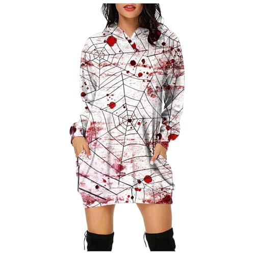 Problem Gelöst Halloween Hoodie Damen Kapuzenpullover mit Blutig Bedruckt Blood Langarm Tshirt Kleid mit Kapuze Kapuzenpulli Blut Verletzung Horror Pullover mit Taschen Blutspritzer Muster Oberteil von Generic