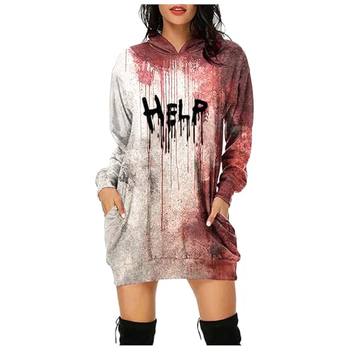 Problem Gelöst Halloween Hoodie Damen Kapuzenpullover mit Blutig Bedruckt Blood Langarm Tshirt Kleid mit Kapuze Kapuzenpulli Blut Verletzung Horror Pullover mit Taschen Blutspritzer Muster Oberteil von Generic
