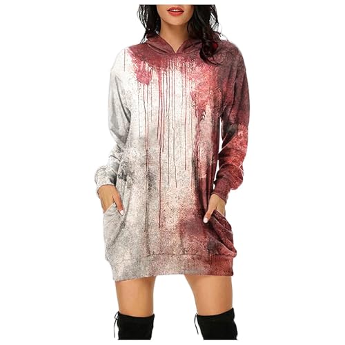 Problem Gelöst Halloween Hoodie Damen Kapuzenpullover mit Blutig Bedruckt Blood Langarm Tshirt Kleid mit Kapuze Kapuzenpulli Blut Verletzung Horror Pullover mit Taschen Blutspritzer Muster Oberteil von Generic