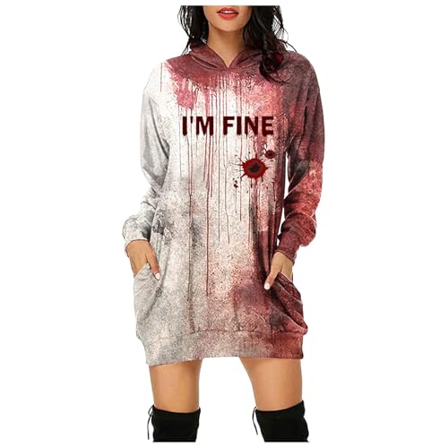 Problem Gelöst Halloween Hoodie Damen Kapuzenpullover mit Blutig Bedruckt Blood Langarm Tshirt Kleid mit Kapuze Kapuzenpulli Blut Verletzung Horror Pullover mit Taschen Blutspritzer Muster Oberteil von Generic