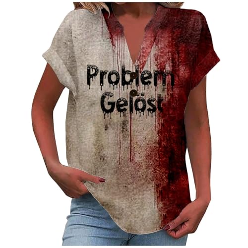 Problem Gelöst Halloween T Shirt Damen V-Ausschnitt Kurzarm Blutiges T-Shirts Blutigem Bedrucktes Shirts Blut Verletzung Halloween-Kostüm Horror Leicht T-Shirt Tops Oberteil von Generic