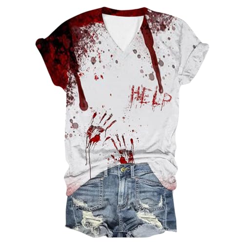 Problem Gelöst Print Damen Halloween T-Shirt V-Ausschnitt Kurzarm Tshirt Blutiges Shirt Horror T Shirts I'm Fine Blood Tops mit Blutigem Bedrucktes Shirts Leicht Halloween-Kostüm Oberteil von Generic
