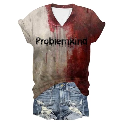 Problem Gelöst Print Damen Halloween T-Shirt V-Ausschnitt Kurzarm Tshirt Blutiges Shirt Horror T Shirts I'm Fine Blood Tops mit Blutigem Bedrucktes Shirts Leicht Halloween-Kostüm Oberteil von Generic