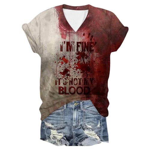 Problem Gelöst Print Damen Halloween T-Shirt V-Ausschnitt Kurzarm Tshirt Blutiges Shirt Horror T Shirts I'm Fine Blood Tops mit Blutigem Bedrucktes Shirts Leicht Halloween-Kostüm Oberteil von Generic