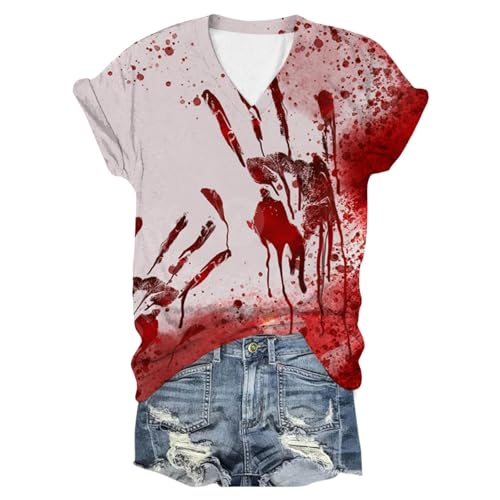 Problem Gelöst Print Damen Halloween T-Shirt V-Ausschnitt Kurzarm Tshirt Blutiges Shirt Horror T Shirts I'm Fine Blood Tops mit Blutigem Bedrucktes Shirts Leicht Halloween-Kostüm Oberteil von Generic