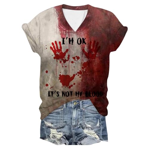 Problem Gelöst Print Damen Halloween T-Shirt V-Ausschnitt Kurzarm Tshirt Blutiges Shirt Horror T Shirts I'm Fine Blood Tops mit Blutigem Bedrucktes Shirts Leicht Halloween-Kostüm Oberteil von Generic