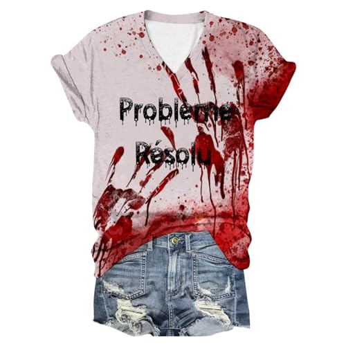Problem Gelöst Print Damen Halloween T-Shirt V-Ausschnitt Kurzarm Tshirt Blutiges Shirt Horror T Shirts I'm Fine Blood Tops mit Blutigem Bedrucktes Shirts Leicht Halloween-Kostüm Oberteil von Generic