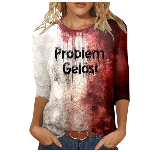 Problem Gelöst Shirt Damen 3/4 Ärmel Blutiges Shirt Casual Rundhals Oberteil Halloween Kostüm Damen Horror Tshirts mit Bloody Bedrucktes Hemd Karneval Kostüm Frauen Oberteile Tops Sportshirt von Generic