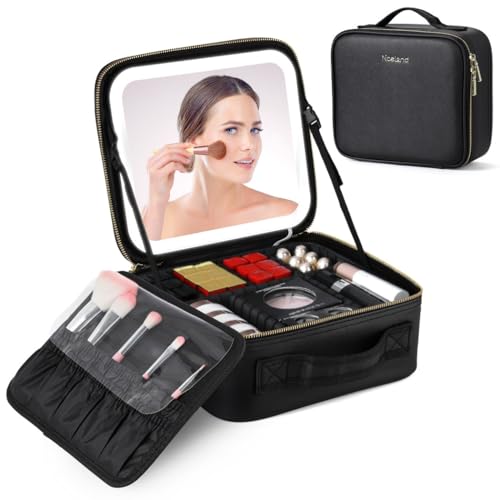 Professioneller Kosmetik-Organizer mit beleuchtetem Spiegel, PU-Make-up-Tasche mit verstellbaren Fächern und Pinselhalter von Generic