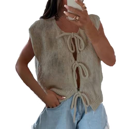 Puff Cardigan mit Langen Ärmeln und Fliege gestrickt Y2k Weste mit offener Vorderseite ärmellos für Damen von Generic