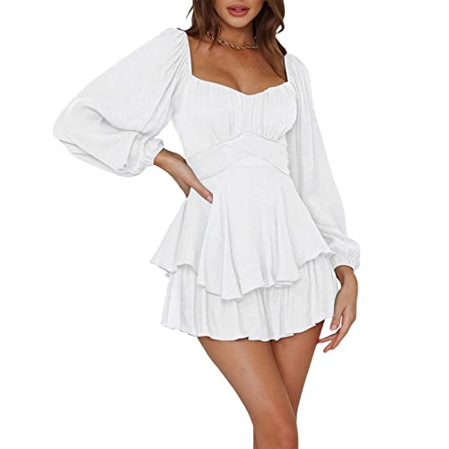 Rüschenkleid mit langen Puffärmeln und integrierten Shorts, schulterfrei, Stufenrock, Chiffon-Kleid, Freizeitkleid, 01 weiß, L Rüschenkleid mit langen Puffärmeln und integrierten Shorts, schulterfrei, Stufenrock, Chiffon-Kleid, Freizeitkleid, 01 weiß, L von Generic