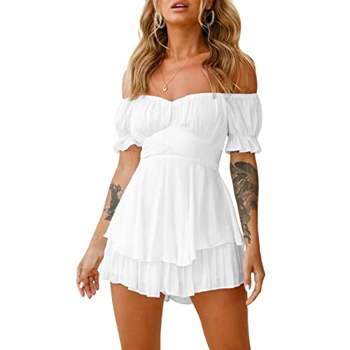 Rüschenkleid mit langen Puffärmeln und integrierten Shorts, schulterfrei, Stufenrock, Chiffon-Kleid, Freizeitkleid, 02 Weiß, X-Large Rüschenkleid mit langen Puffärmeln und integrierten Shorts, schulterfrei, Stufenrock, Chiffon-Kleid, Freizeitkleid, 02 Weiß, X-Large von Generic