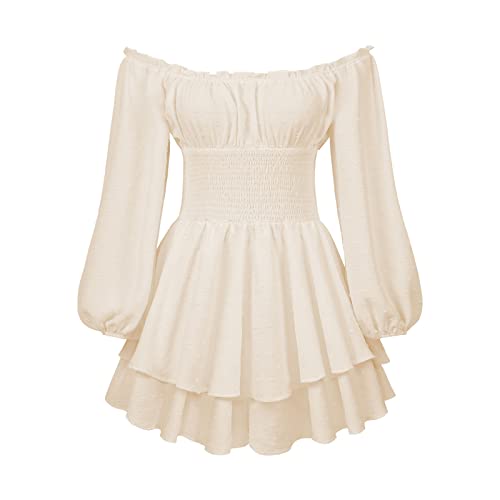 Rüschenkleid mit langen Puffärmeln und integrierten Shorts, schulterfrei, Stufenrock, Chiffon-Kleid, Freizeitkleid, aprikose, X-Large Rüschenkleid mit langen Puffärmeln und integrierten Shorts, schulterfrei, Stufenrock, Chiffon-Kleid, Freizeitkleid, aprikose, X-Large von Generic