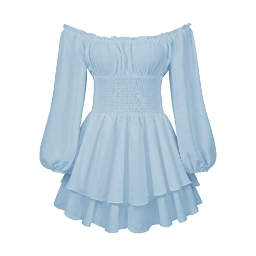 Rüschenkleid mit langen Puffärmeln und integrierten Shorts, schulterfrei, Stufenrock, Chiffon-Kleid, Freizeitkleid, blau, Medium Rüschenkleid mit langen Puffärmeln und integrierten Shorts, schulterfrei, Stufenrock, Chiffon-Kleid, Freizeitkleid, blau, Medium von Generic