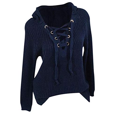 Pulli Schwarz Damen Pullover Damen V Ausschnitt Frauen Herbstpulli Schnürung Winterstil Plus und Bluse Größe Mode Damenbluse Modischer Damenpullover Pullover Rot Damen Strick (Navy, S) von Generic