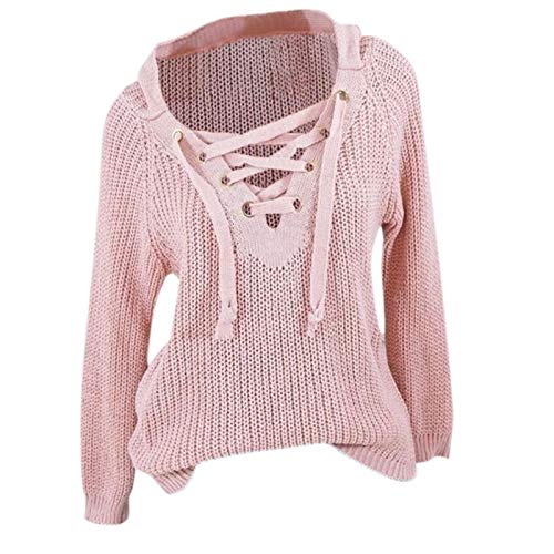 Pulli Schwarz Damen Pullover Damen V Ausschnitt Frauen Herbstpulli Schnürung Winterstil Plus und Bluse Größe Mode Damenbluse Modischer Damenpullover Pullover Rot Damen Strick (Pink, M) von Generic