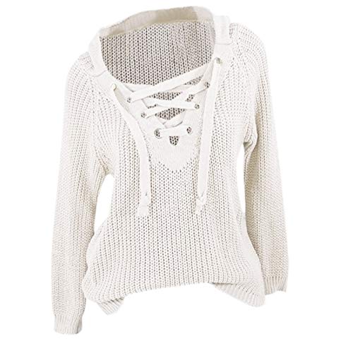 Pulli Schwarz Damen Pullover Damen V Ausschnitt Frauen Herbstpulli Schnürung Winterstil Plus und Bluse Größe Mode Damenbluse Modischer Damenpullover Pullover Rot Damen Strick (White, S) von Generic