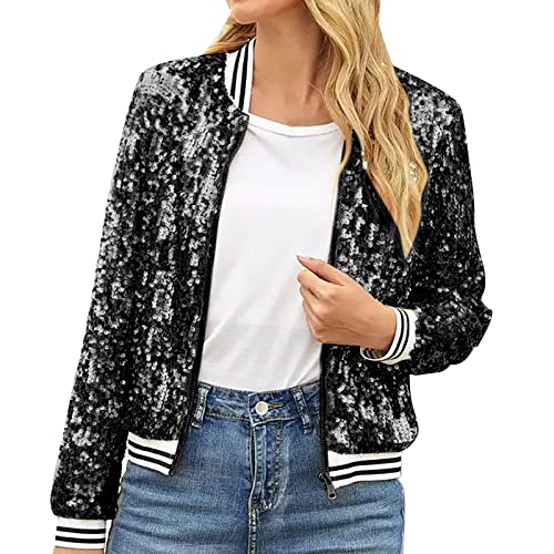Pullover Damen, Damen Pailletten Blazer SLässig Langarm Jacken Blazer Sakko Pailletten Reißverschluss Kurze Jacke Langarm Kurz Mäntel Jacke Party Club Metallic Glitzer Sequin Bomberjacke von Generic