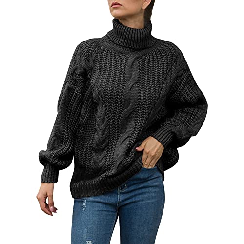 Pullover Damen, Damen Pullover Rollkragen Lässig Strickpullover Warm Langarm Sweater Einfarbig Zopfmuster Rollkragenpullover Oversize Lose Sweatshirt Pulli Winter Elegant Strickpulli von Generic