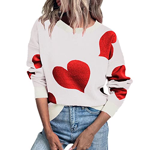 Pullover Damen, Damen Pullover Rundhals Herzen Farbblock Strickpullover Lässig Warm Sweater Langarm Oversize Sweatshirt Pulli Winter Locker Oberteile Tops Elegant Strickpulli von Generic