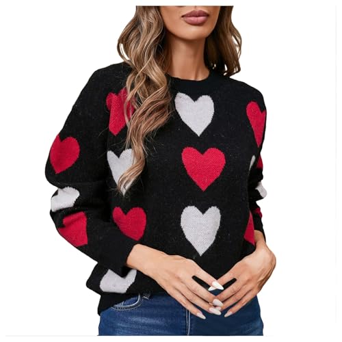 Pullover Damen, Damen Pullover Rundhals Herzen Farbblock Strickpullover Lässig Warm Sweater Langarm Oversize Sweatshirt Pulli Winter Locker Oberteile Tops Elegant Strickpulli von Generic