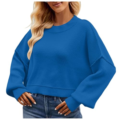 Pullover Damen, Damen Pullover Rundhals Kurz Strickpullover Lässig Einfarbig Sweater Langarm Crop Top Oversize Lose Sweatshirt Winter Pulli Oberteile Elegant Strickpulli Langarmshirt von Generic