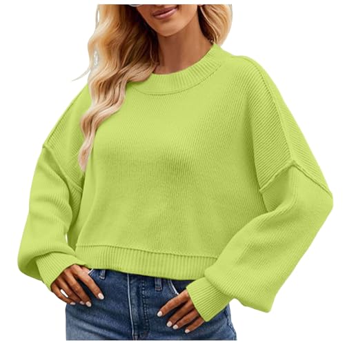 Pullover Damen, Damen Pullover Rundhals Kurz Strickpullover Lässig Einfarbig Sweater Langarm Crop Top Oversize Lose Sweatshirt Winter Pulli Oberteile Elegant Strickpulli Langarmshirt von Generic