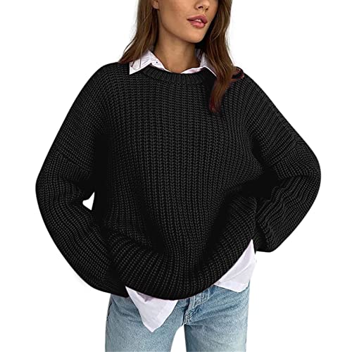 Pullover Damen, Damen Pullover Rundhals Lässig Warm Strickpullover Langarm Oversize Sweater Einfarbig Sweatshirt Pulli Elegant Strickpulli Winter Locker Oberteile Tops Bluse von Generic