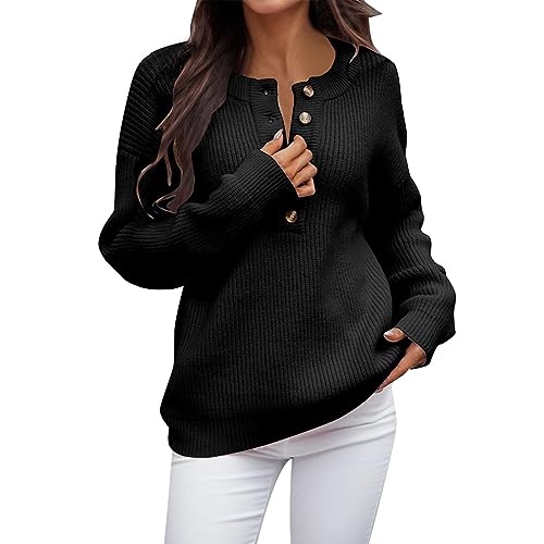 Pullover Damen, Damen Pullover Rundhals Lässig Warm Strickpullover mit Tasten Langarm Oversize Sweater Einfarbig Elegant Sweatshirt Pulli Winter Locker Strickpulli Oberteile von Generic