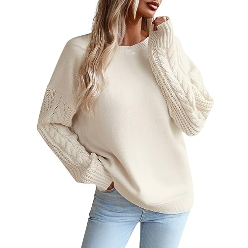 Pullover Damen, Damen Pullover Rundhals Lässiges Strickpullover Einfarbig Warm Sweater Langarm Zopfmuster Sweatshirt Pulli Herbst Winter Casual Oberteile Tops Elegant Strickpulli Bluse von Generic