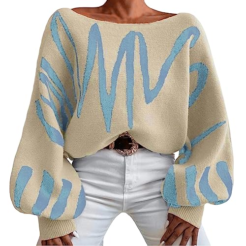 Pullover Damen, Damen Pullover Rundhals Laternenärmel Strickpullover Warm Langarm Sweater Lässig Oversize Sweatshirt Elegant Pulli Oberteile Winter Locker Strickpulli Winterpullover von Generic