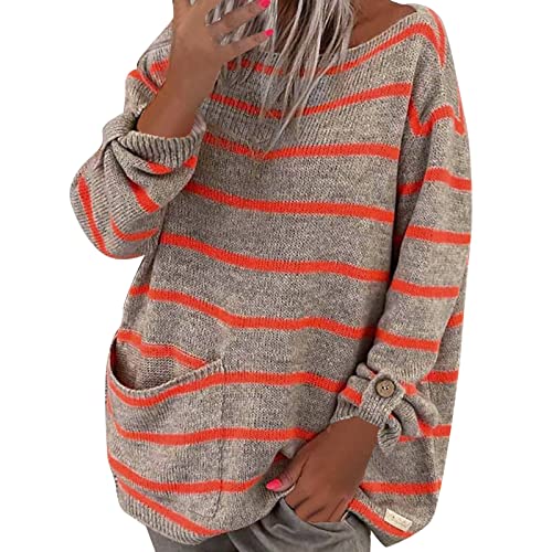Pullover Damen, Damen Pullover Rundhals Streifen Aushöhlen Strickpullover Warm Lässig Sweater Langarm Oversize Sweatshirt Pulli Elegant Strickpulli Winter Locker Winterpullover von Generic